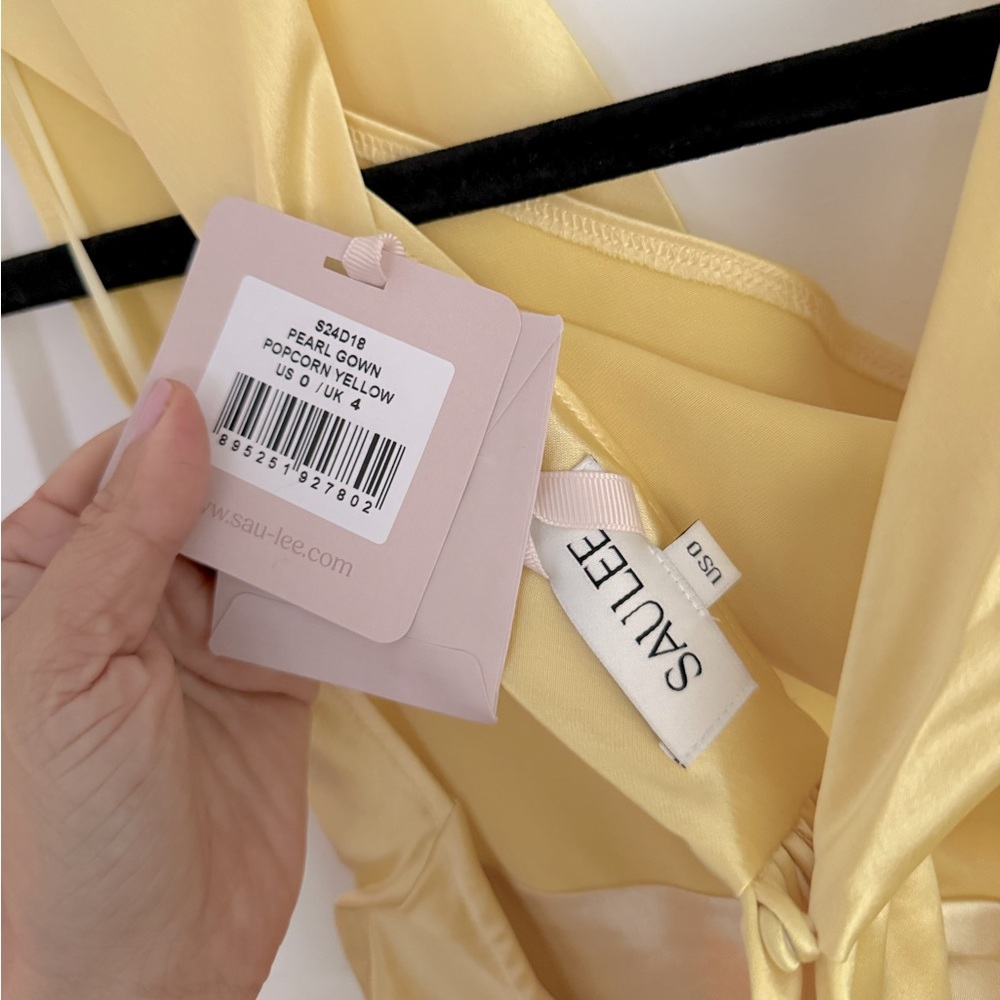 SAU Lee Pearl Plunging Cowl Neck Satin Gown Popcorn Yellow NEW with tags - Picture 5 of 8